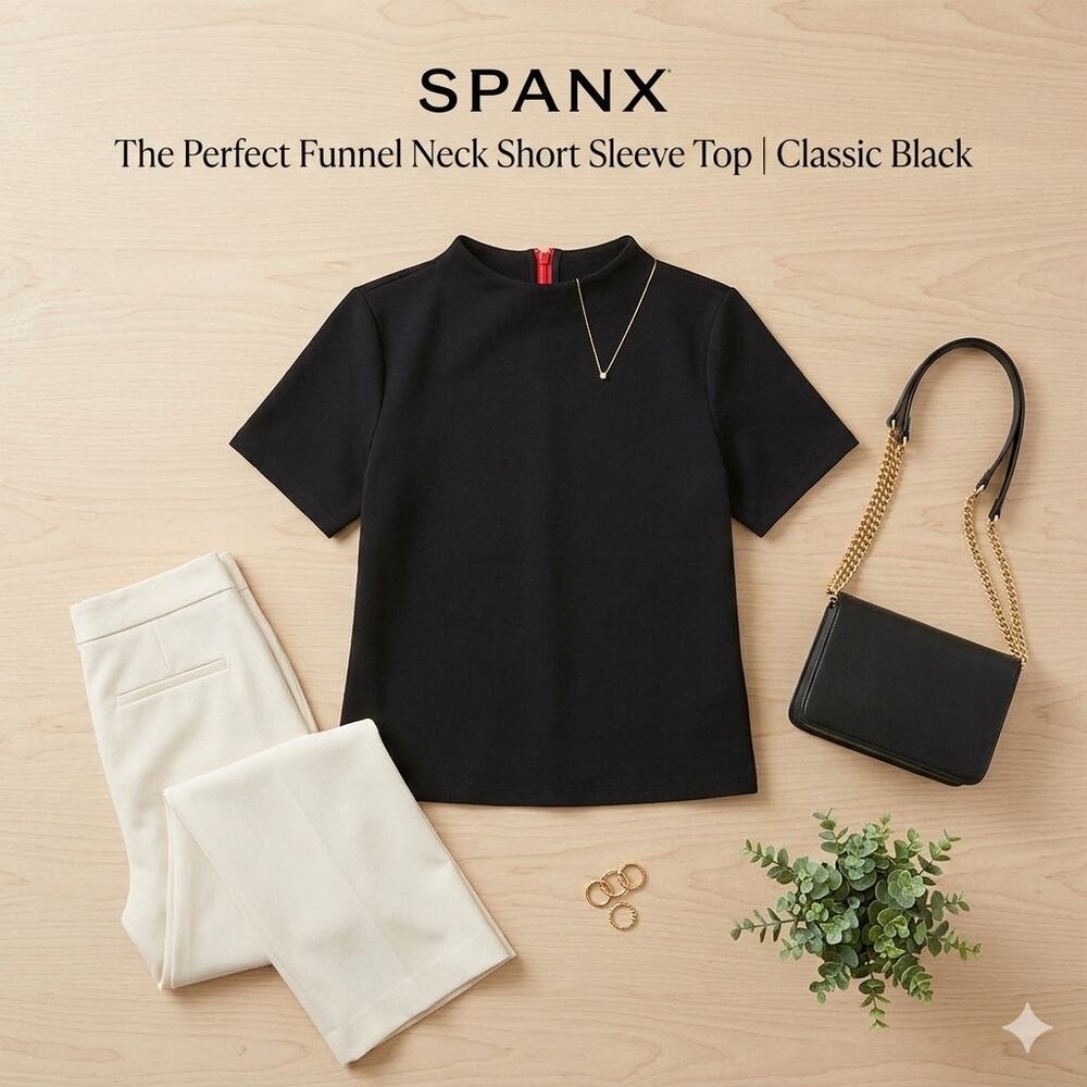 Spanx "The Perfect" Funnel Neck Short Sleeve Top – Classic Black